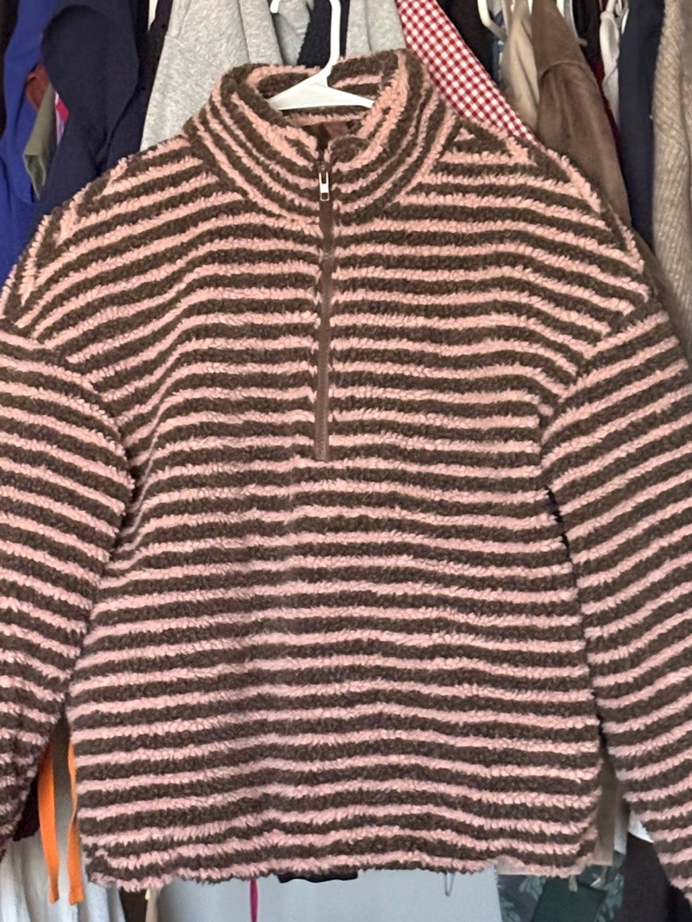 Striped Pink and Brown Half-Zip Fleece Sweater